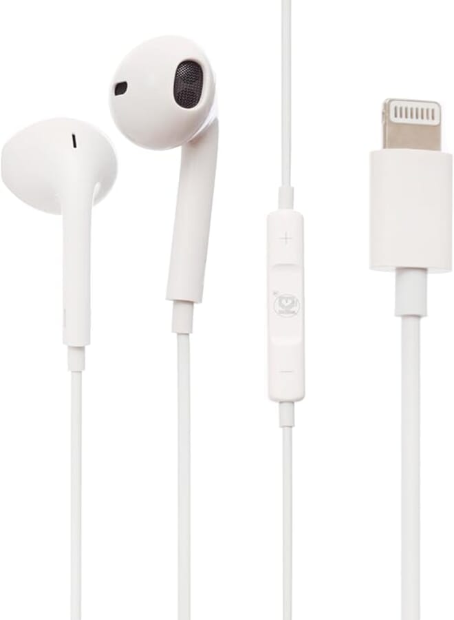K3-HP7 In-Ear Wired Earphones with Mic Supporting Voice Calls, High Definition Sound, Noise Isolation, Tangle-Free Cable, Compatible with iOS Devices Lightning Jack - White
